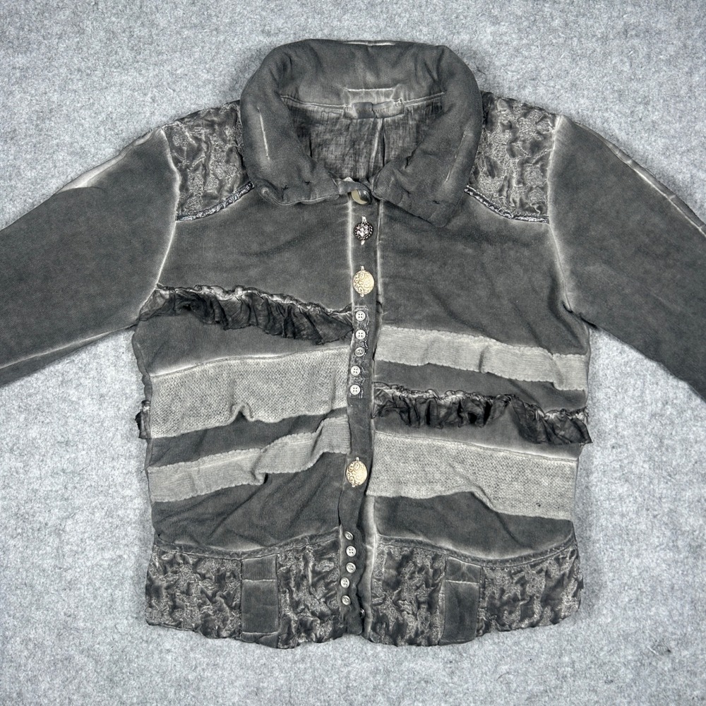Elisa Cavaletti Jacket Womens Medium Gray Lagenlook Art To Wear Lace Up Ruffle - Picture 3 of 16